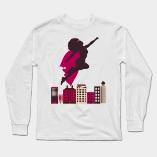 SuperHero Flying Above City -Blerd Long Sleeve T-Shirt